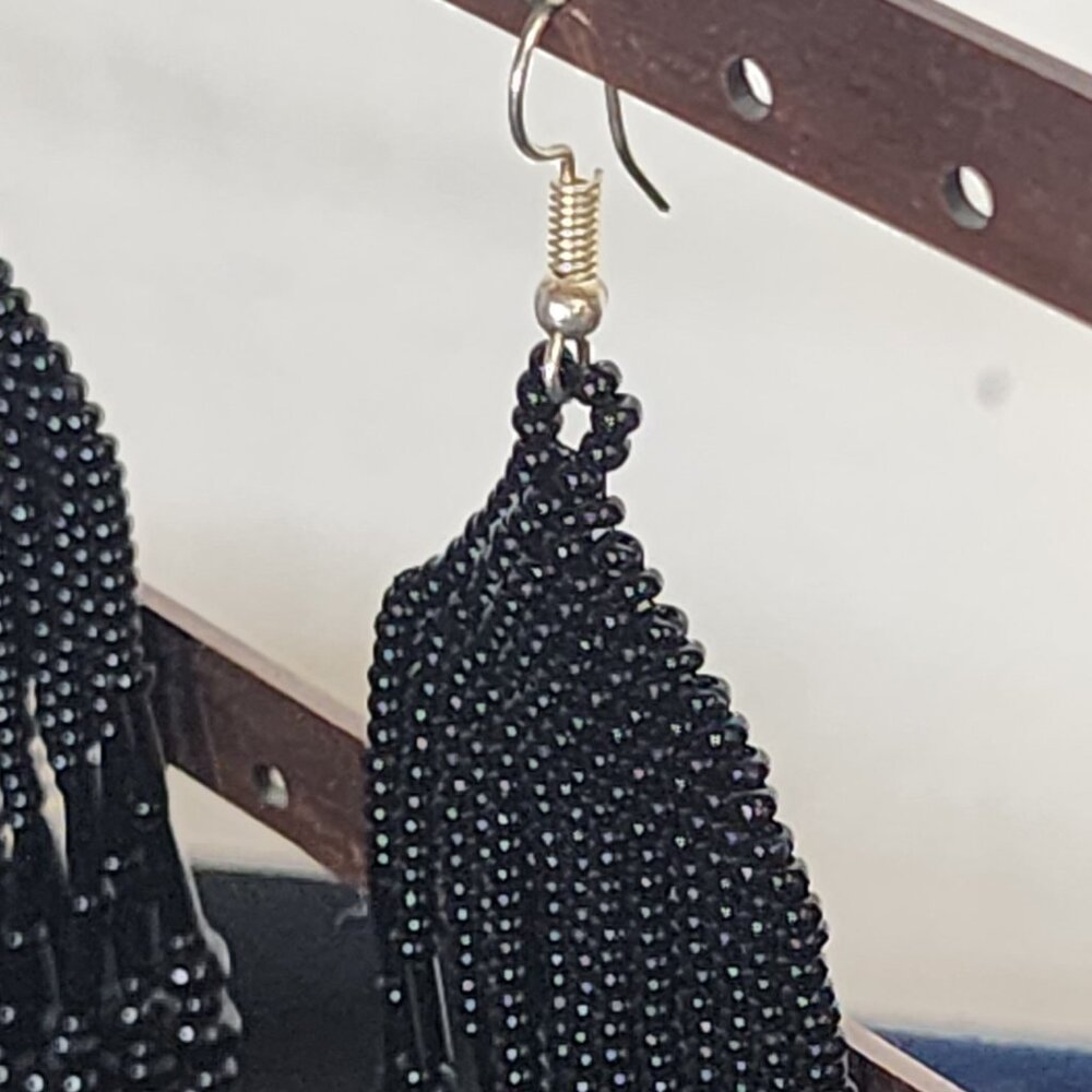 Coal Black Handmade Beaded Chandelier Shepard's Hook Earrings for Pierced Ears - Picture 13 of 16